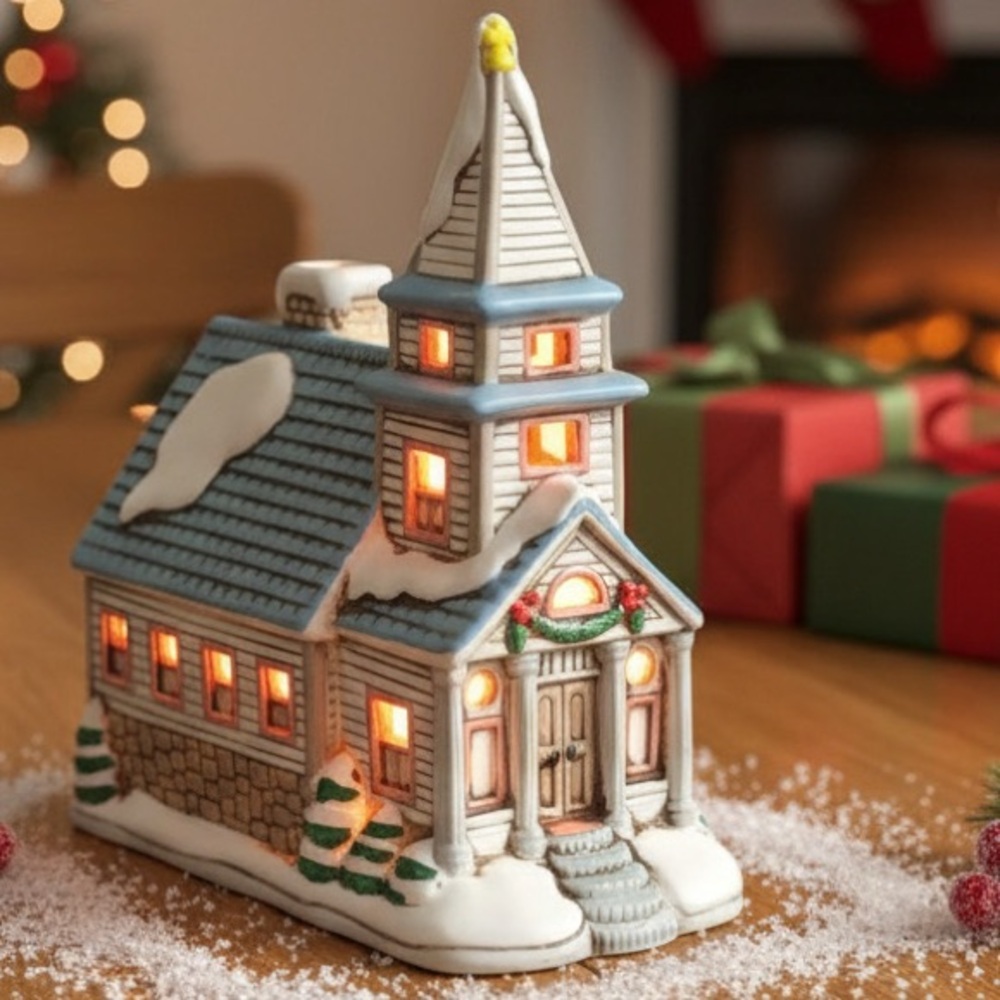 Lefton 1987 Byron Wood Ceramic Light Up Christmas Village Church Made in Taiwan